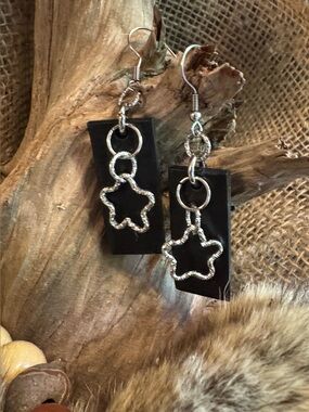 OOAK BOHO Black and Silver Rectangle Earrings with Sparkle Star Charms